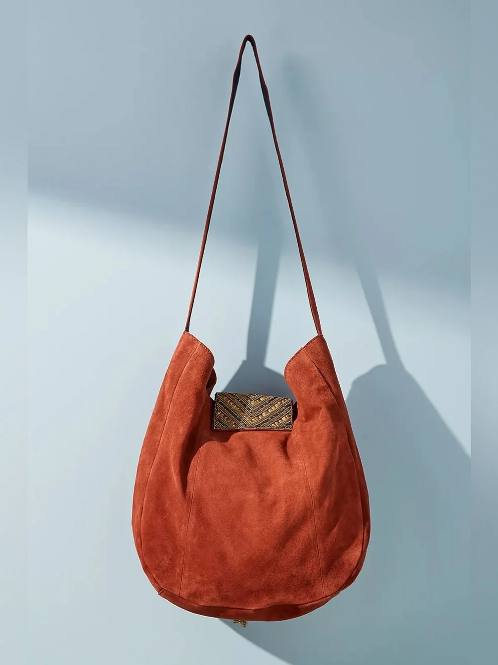 Anthropologie Nadia Suede Beaded Tassel Hobo Crossbody Bag Rust Orange